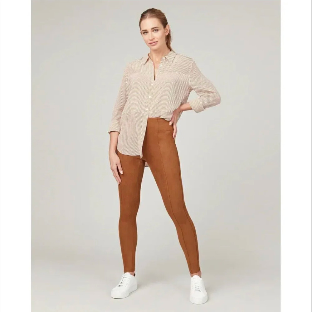 SPANX Leggings Cognac Brown Faux Suede High Rise Shapewear Pants - Picture 3 of 16